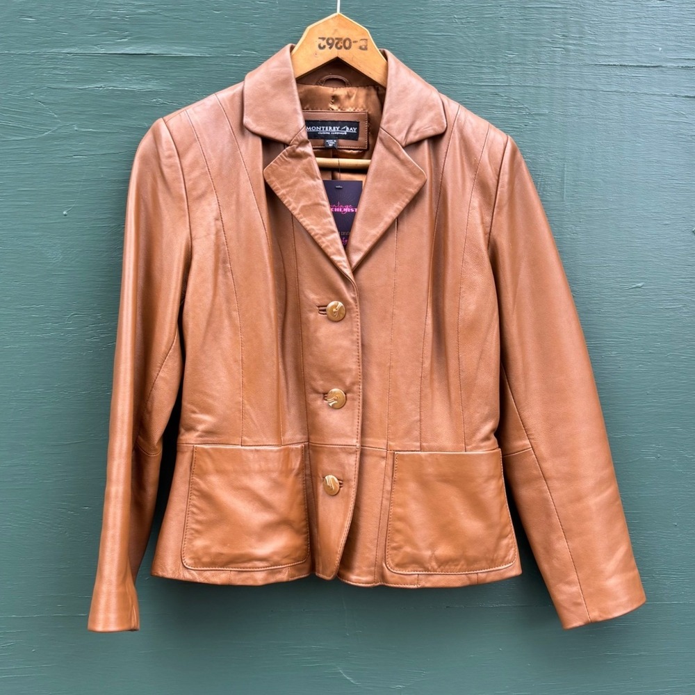 Womens Camel Tan Brown Soft Leather Blazer Jacket S 6 Preppy Classic Tailored - Picture 2 of 10